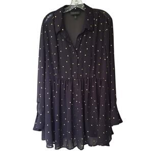 Lane Bryant Semi Sheer Lightweight Black Gold Stars Tunic Blouse 22-24 3XL